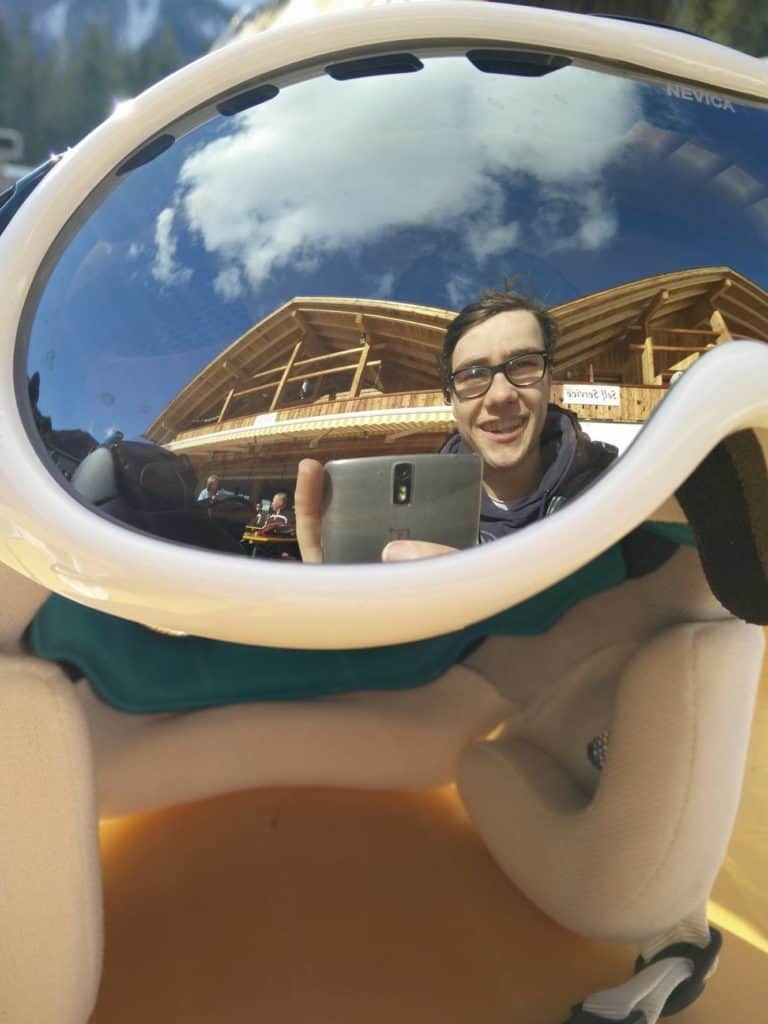 Travel picture (selfie) in a pair of ski goggles