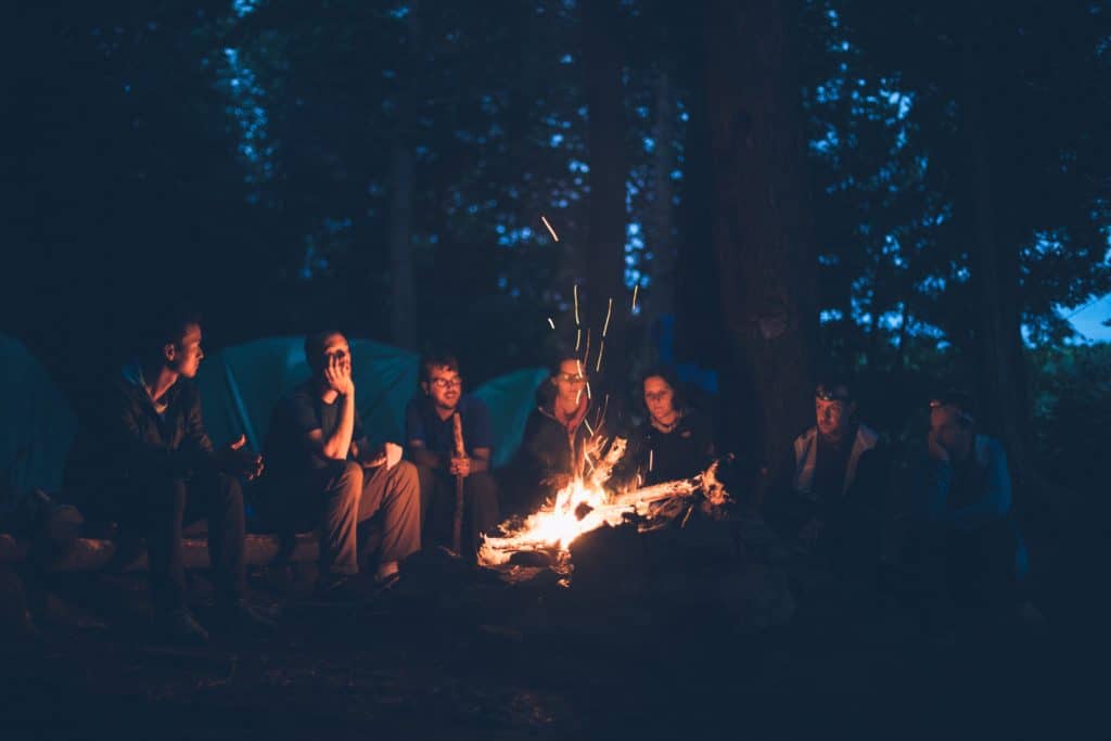 Group of friends sitting by the bonfire