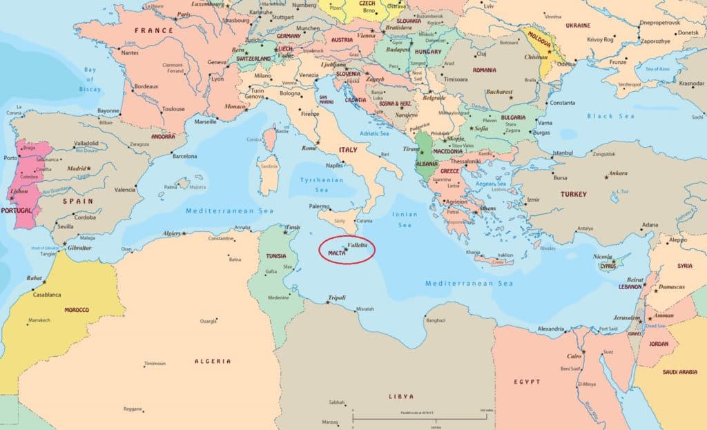Location of Malta within the Mediterranean Ocean