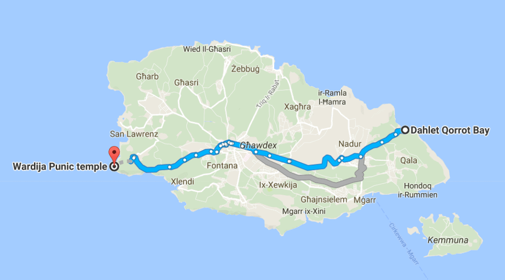 Google Maps screenshot: route from Dahlet Qorrot Bay to Wardija Punic Temple