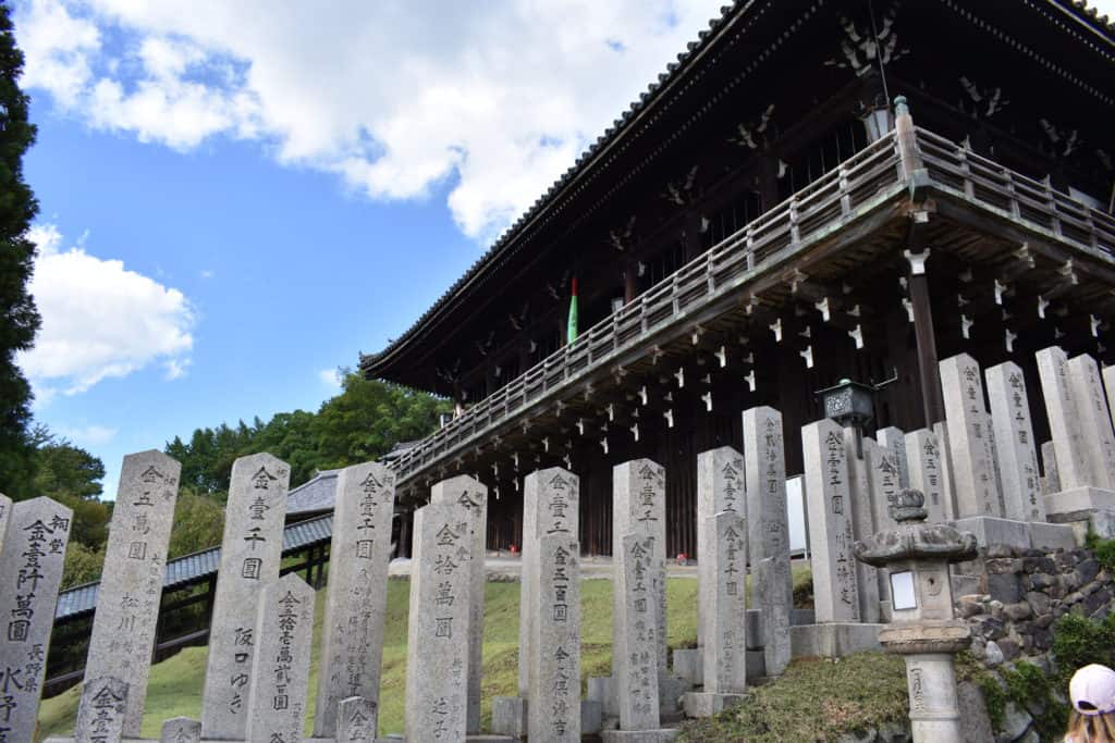 Bottom view of Japanese temple with stone pillars